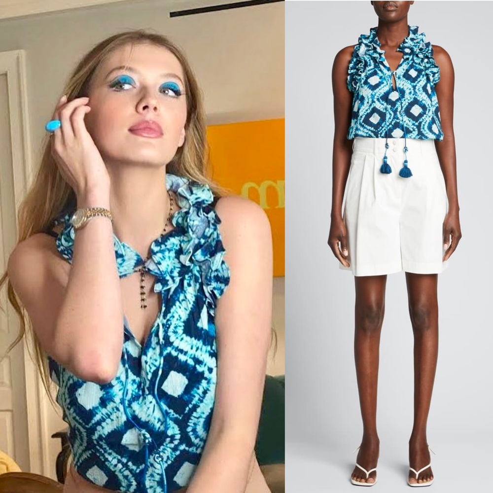 NWT FIGUE Ikat Print Cotton Boho Chic‎ Tassel Tie Ruffle Neck Sleeveless Top XS